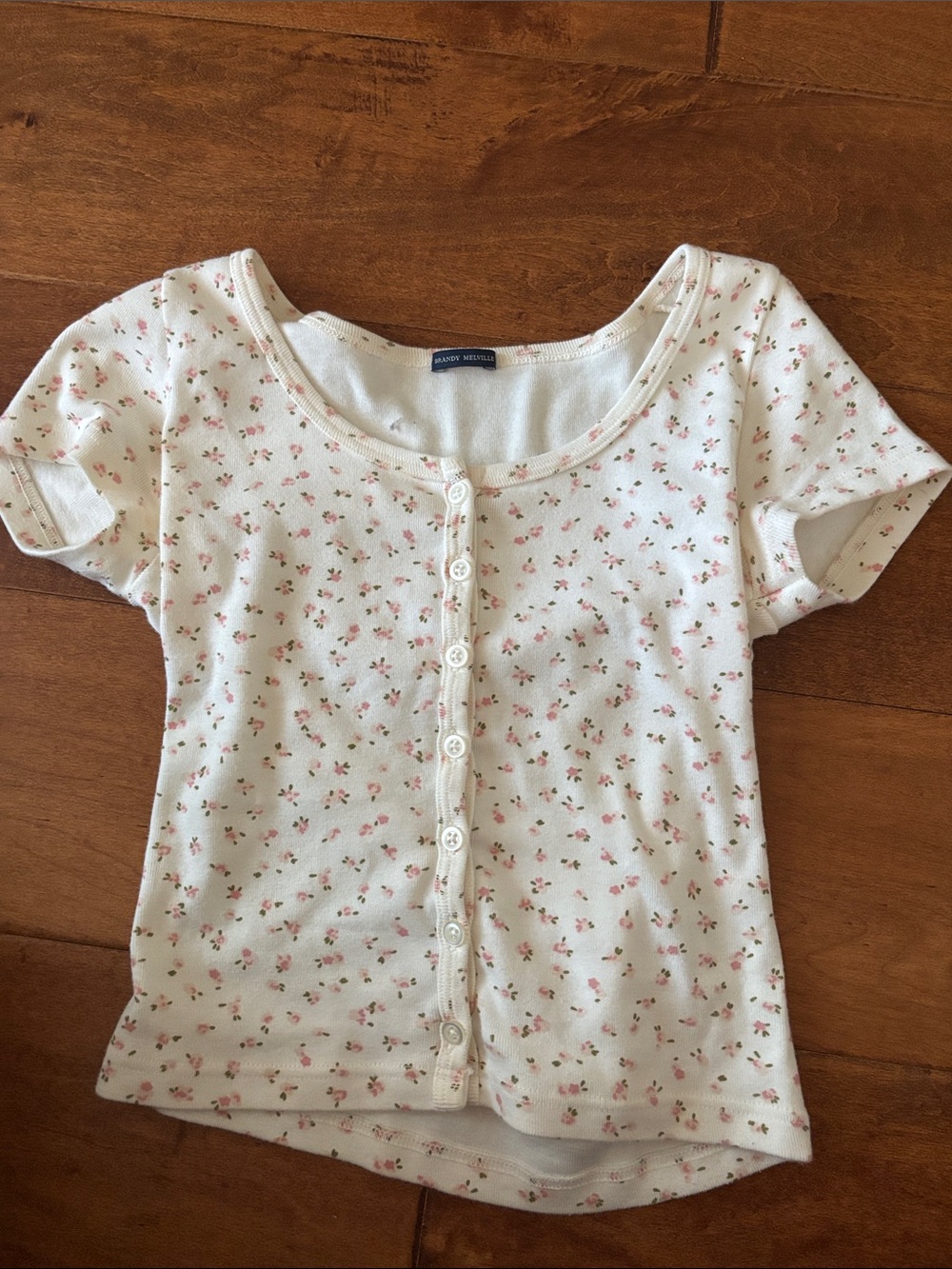 Brandy Melville White Button-Up Top with Pink Floral Print